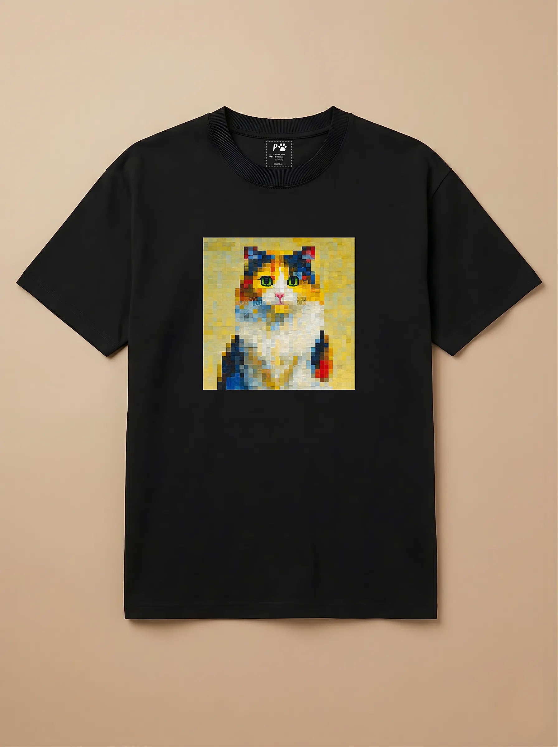 Camisa Pixel Art Gato Tricolor